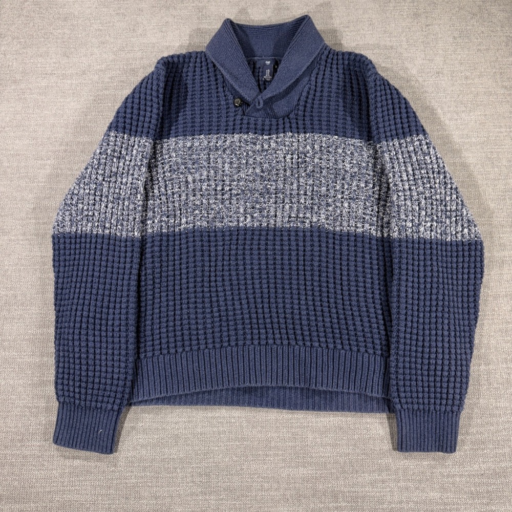 Gap Shawl Collar Sweater Mens XL Blue Grey Excellent Waffle Knit Striped